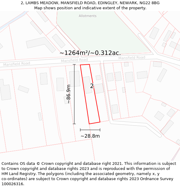 2, LAMBS MEADOW, MANSFIELD ROAD, EDINGLEY, NEWARK, NG22 8BG: Plot and title map