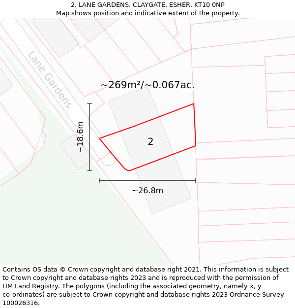 2, LANE GARDENS, CLAYGATE, ESHER, KT10 0NP: Plot and title map