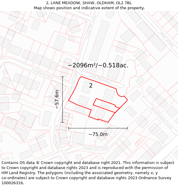 2, LANE MEADOW, SHAW, OLDHAM, OL2 7BL: Plot and title map