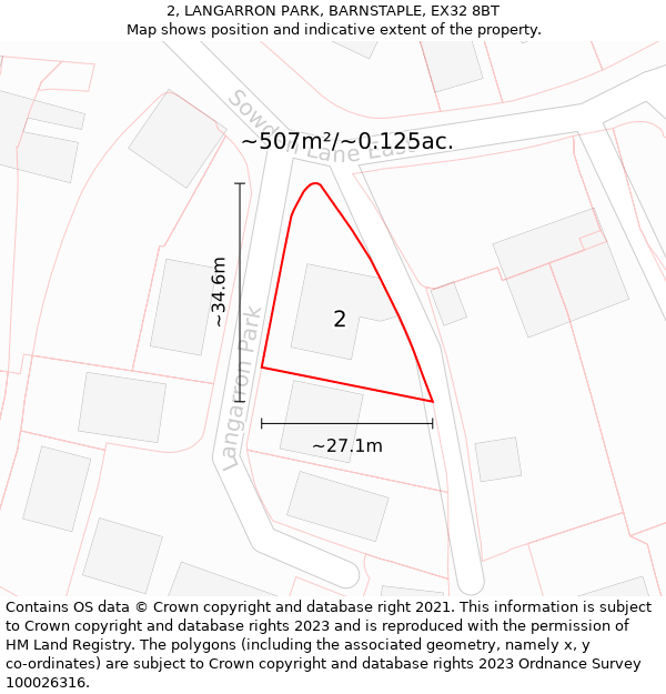 2, LANGARRON PARK, BARNSTAPLE, EX32 8BT: Plot and title map