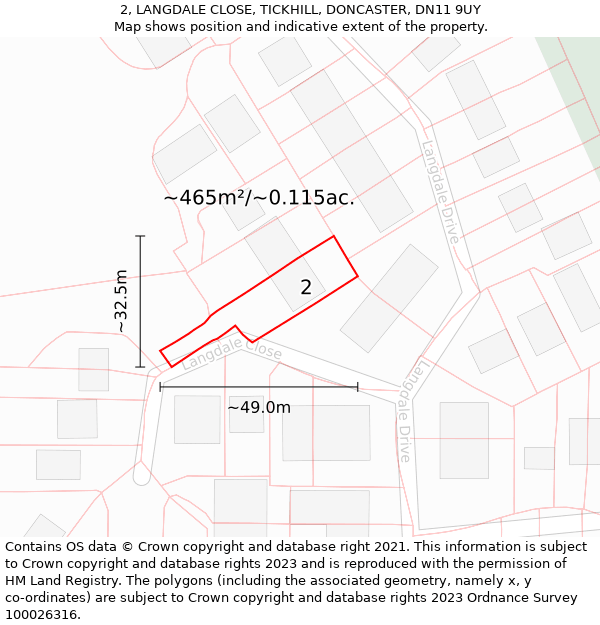 2, LANGDALE CLOSE, TICKHILL, DONCASTER, DN11 9UY: Plot and title map