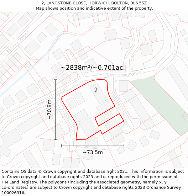 2, LANGSTONE CLOSE, HORWICH, BOLTON, BL6 5SZ: Plot and title map