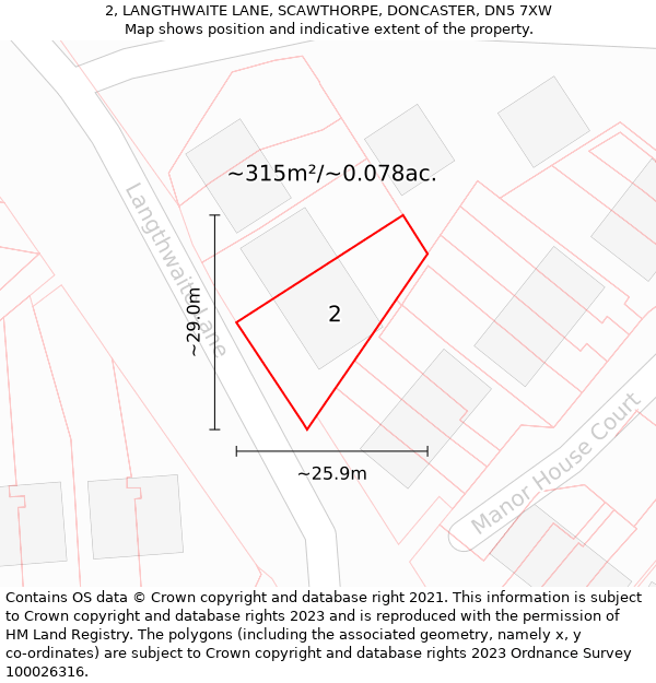 2, LANGTHWAITE LANE, SCAWTHORPE, DONCASTER, DN5 7XW: Plot and title map