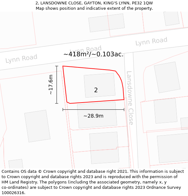 2, LANSDOWNE CLOSE, GAYTON, KING'S LYNN, PE32 1QW: Plot and title map