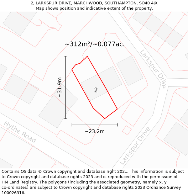 2, LARKSPUR DRIVE, MARCHWOOD, SOUTHAMPTON, SO40 4JX: Plot and title map