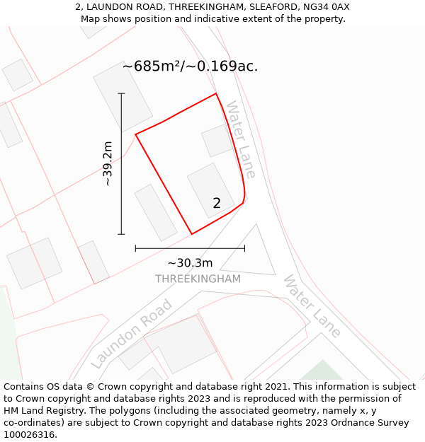 2, LAUNDON ROAD, THREEKINGHAM, SLEAFORD, NG34 0AX: Plot and title map