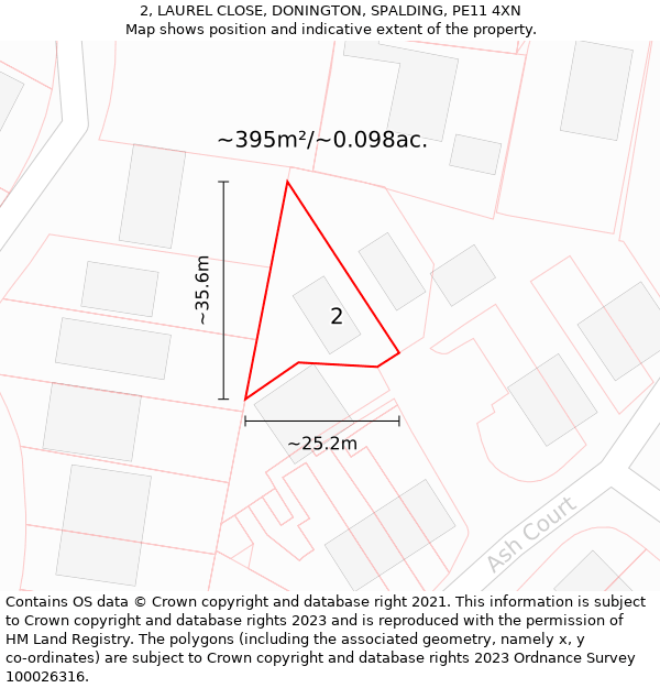 2, LAUREL CLOSE, DONINGTON, SPALDING, PE11 4XN: Plot and title map