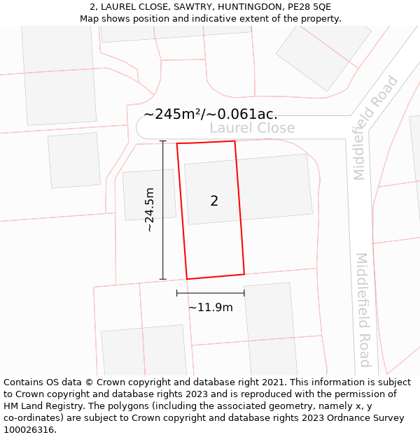 2, LAUREL CLOSE, SAWTRY, HUNTINGDON, PE28 5QE: Plot and title map