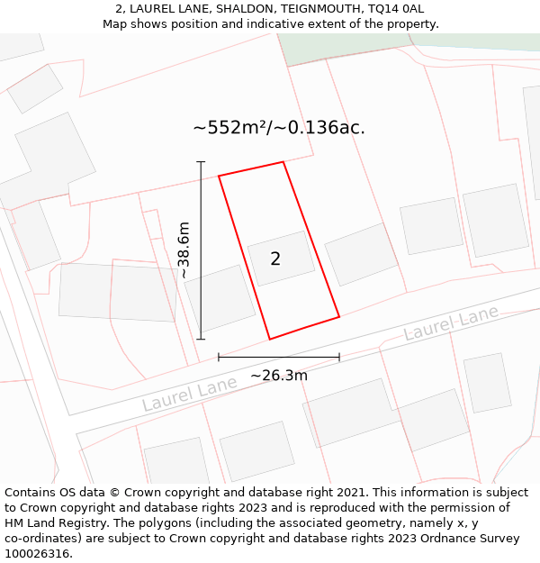 2, LAUREL LANE, SHALDON, TEIGNMOUTH, TQ14 0AL: Plot and title map