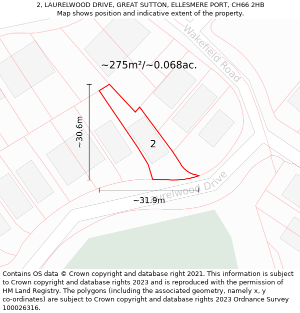 2, LAURELWOOD DRIVE, GREAT SUTTON, ELLESMERE PORT, CH66 2HB: Plot and title map