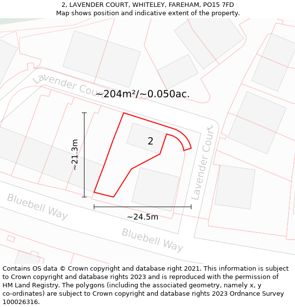 2, LAVENDER COURT, WHITELEY, FAREHAM, PO15 7FD: Plot and title map