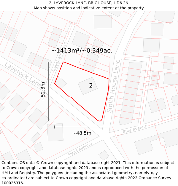 2, LAVEROCK LANE, BRIGHOUSE, HD6 2NJ: Plot and title map