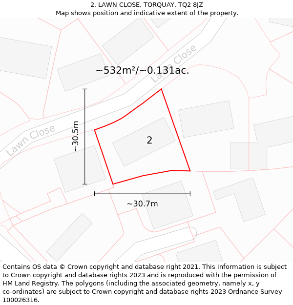 2, LAWN CLOSE, TORQUAY, TQ2 8JZ: Plot and title map