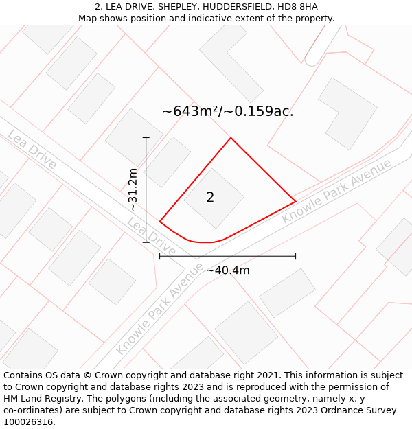 2, LEA DRIVE, SHEPLEY, HUDDERSFIELD, HD8 8HA: Plot and title map