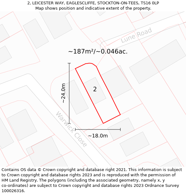 2, LEICESTER WAY, EAGLESCLIFFE, STOCKTON-ON-TEES, TS16 0LP: Plot and title map