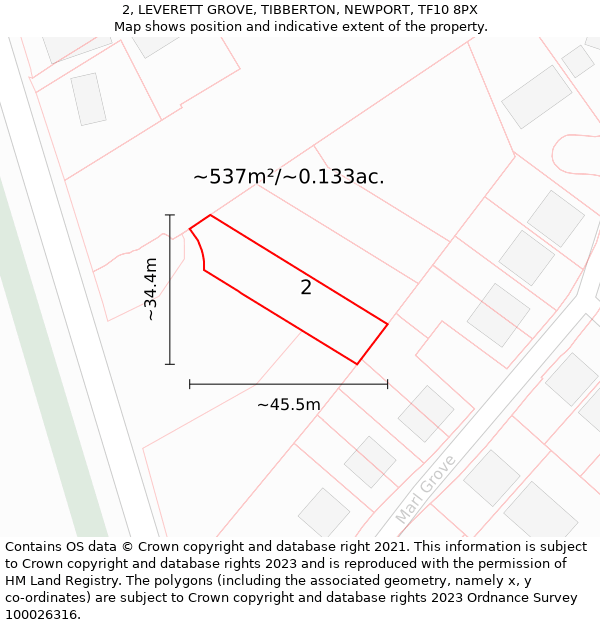 2, LEVERETT GROVE, TIBBERTON, NEWPORT, TF10 8PX: Plot and title map