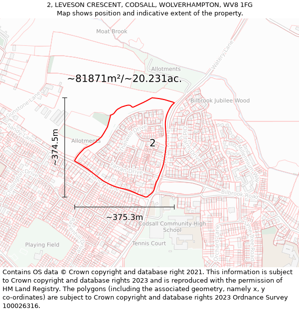 2, LEVESON CRESCENT, CODSALL, WOLVERHAMPTON, WV8 1FG: Plot and title map