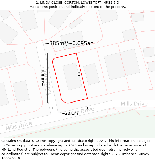 2, LINDA CLOSE, CORTON, LOWESTOFT, NR32 5JD: Plot and title map