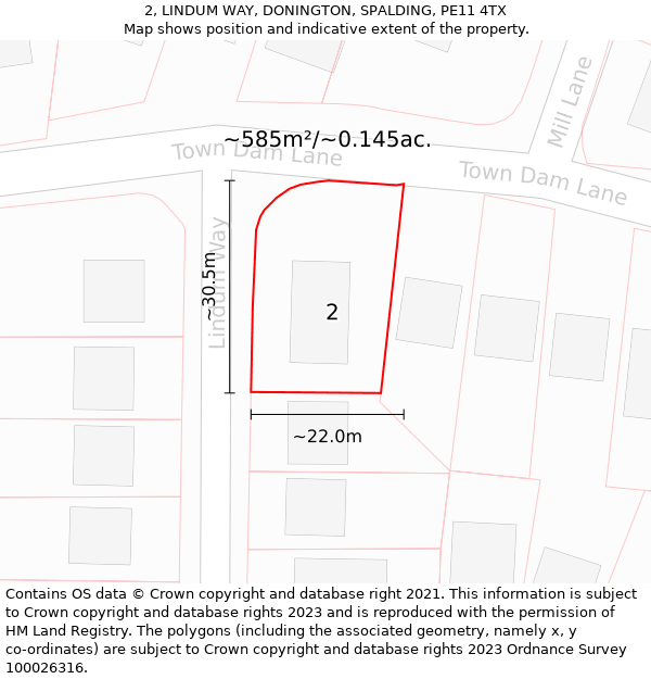 2, LINDUM WAY, DONINGTON, SPALDING, PE11 4TX: Plot and title map