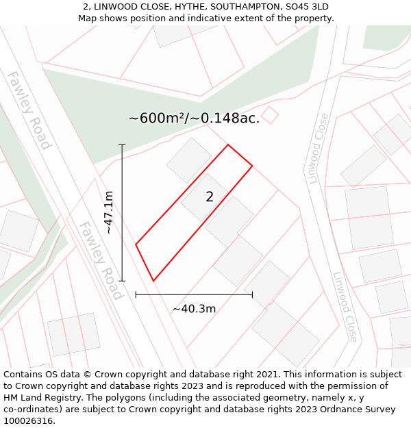 2, LINWOOD CLOSE, HYTHE, SOUTHAMPTON, SO45 3LD: Plot and title map