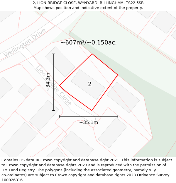 2, LION BRIDGE CLOSE, WYNYARD, BILLINGHAM, TS22 5SR: Plot and title map