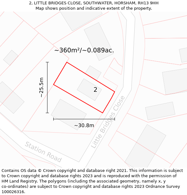 2, LITTLE BRIDGES CLOSE, SOUTHWATER, HORSHAM, RH13 9HH: Plot and title map