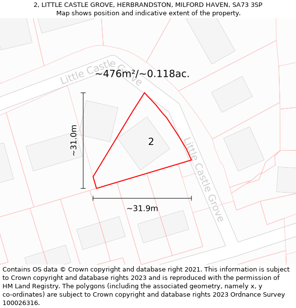 2, LITTLE CASTLE GROVE, HERBRANDSTON, MILFORD HAVEN, SA73 3SP: Plot and title map