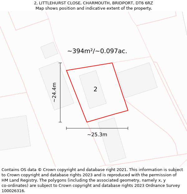 2, LITTLEHURST CLOSE, CHARMOUTH, BRIDPORT, DT6 6RZ: Plot and title map