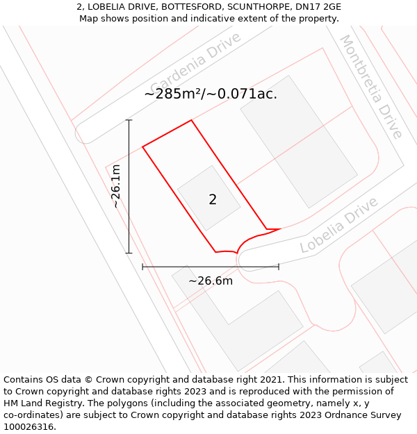 2, LOBELIA DRIVE, BOTTESFORD, SCUNTHORPE, DN17 2GE: Plot and title map