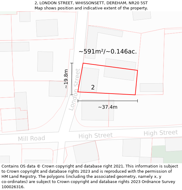 2, LONDON STREET, WHISSONSETT, DEREHAM, NR20 5ST: Plot and title map