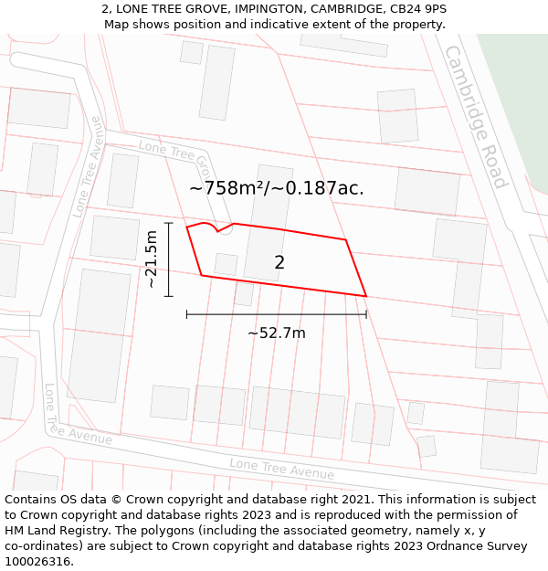 2, LONE TREE GROVE, IMPINGTON, CAMBRIDGE, CB24 9PS: Plot and title map