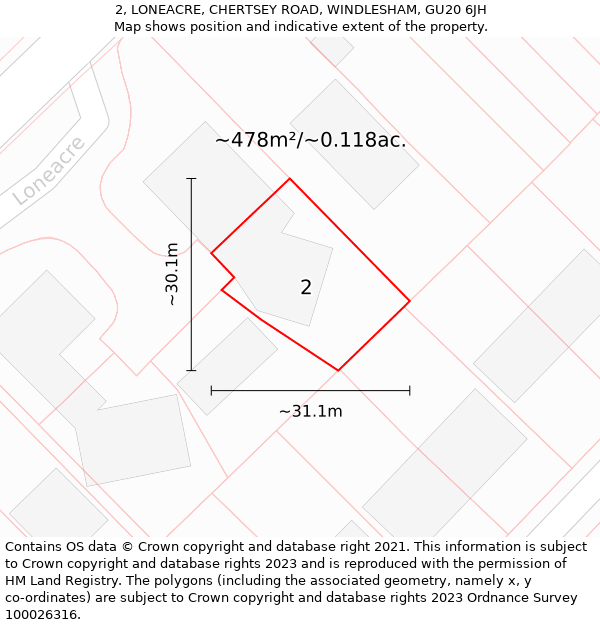 2, LONEACRE, CHERTSEY ROAD, WINDLESHAM, GU20 6JH: Plot and title map