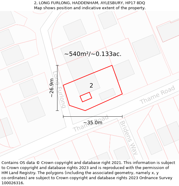 2, LONG FURLONG, HADDENHAM, AYLESBURY, HP17 8DQ: Plot and title map