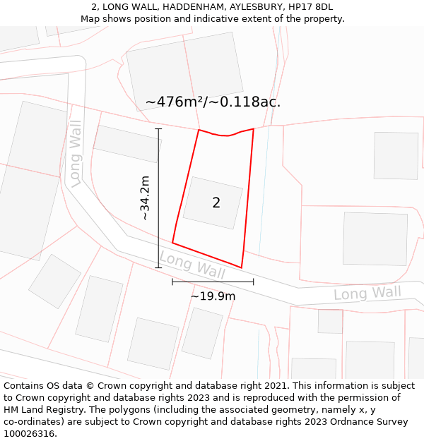 2, LONG WALL, HADDENHAM, AYLESBURY, HP17 8DL: Plot and title map