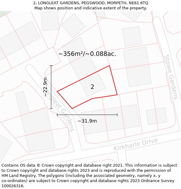 2, LONGLEAT GARDENS, PEGSWOOD, MORPETH, NE61 6TQ: Plot and title map