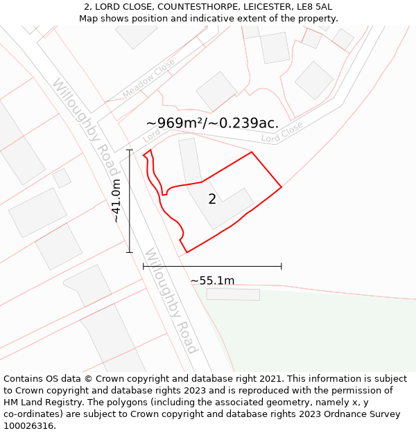 2, LORD CLOSE, COUNTESTHORPE, LEICESTER, LE8 5AL: Plot and title map