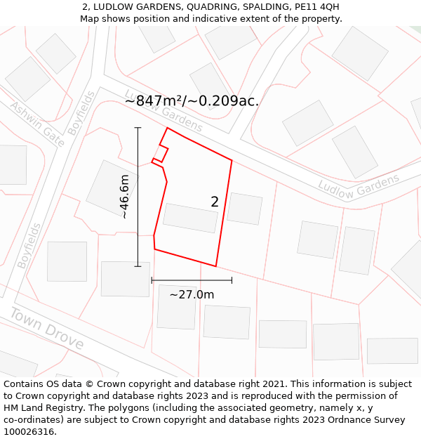 2, LUDLOW GARDENS, QUADRING, SPALDING, PE11 4QH: Plot and title map