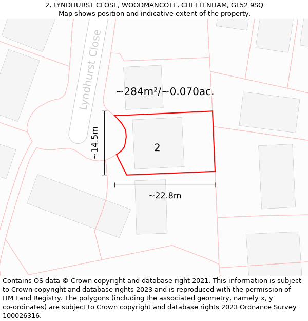 2, LYNDHURST CLOSE, WOODMANCOTE, CHELTENHAM, GL52 9SQ: Plot and title map