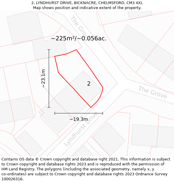 2, LYNDHURST DRIVE, BICKNACRE, CHELMSFORD, CM3 4XL: Plot and title map