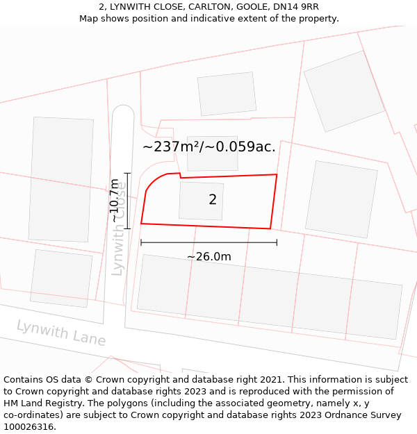 2, LYNWITH CLOSE, CARLTON, GOOLE, DN14 9RR: Plot and title map