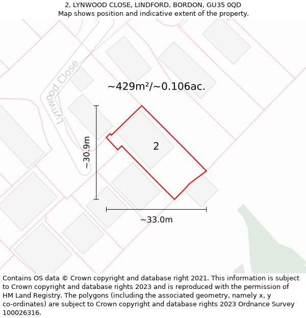 2, LYNWOOD CLOSE, LINDFORD, BORDON, GU35 0QD: Plot and title map