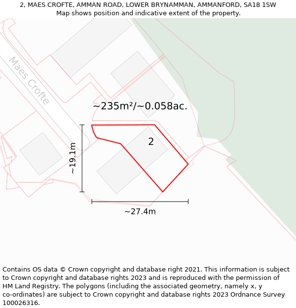 2, MAES CROFTE, AMMAN ROAD, LOWER BRYNAMMAN, AMMANFORD, SA18 1SW: Plot and title map