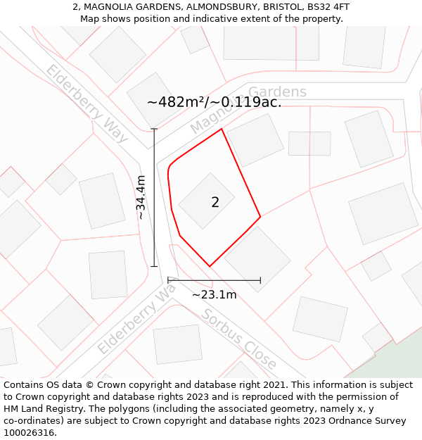 2, MAGNOLIA GARDENS, ALMONDSBURY, BRISTOL, BS32 4FT: Plot and title map