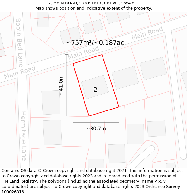 2, MAIN ROAD, GOOSTREY, CREWE, CW4 8LL: Plot and title map