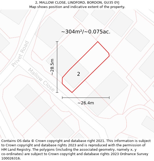 2, MALLOW CLOSE, LINDFORD, BORDON, GU35 0YJ: Plot and title map