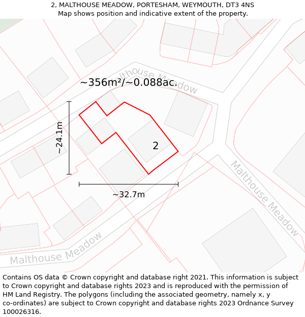 2, MALTHOUSE MEADOW, PORTESHAM, WEYMOUTH, DT3 4NS: Plot and title map