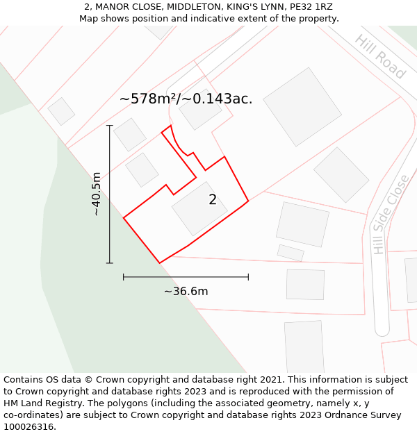 2, MANOR CLOSE, MIDDLETON, KING'S LYNN, PE32 1RZ: Plot and title map
