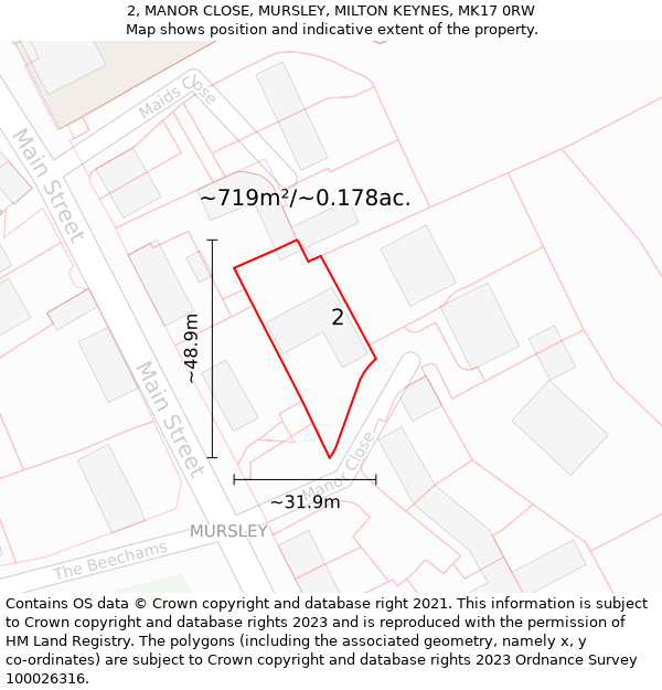 2, MANOR CLOSE, MURSLEY, MILTON KEYNES, MK17 0RW: Plot and title map