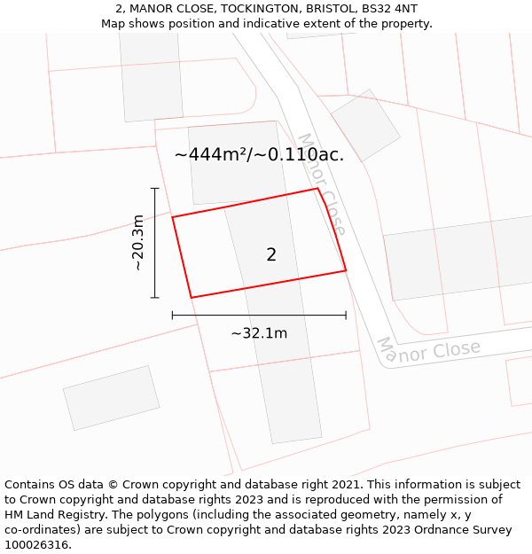 2, MANOR CLOSE, TOCKINGTON, BRISTOL, BS32 4NT: Plot and title map