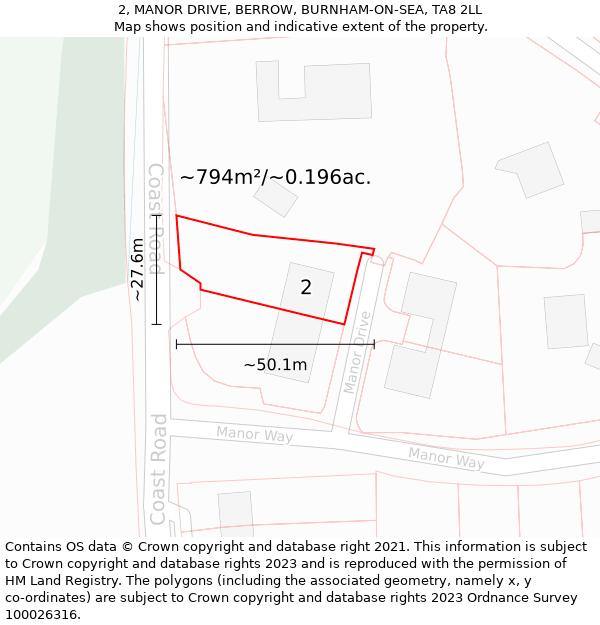 2, MANOR DRIVE, BERROW, BURNHAM-ON-SEA, TA8 2LL: Plot and title map